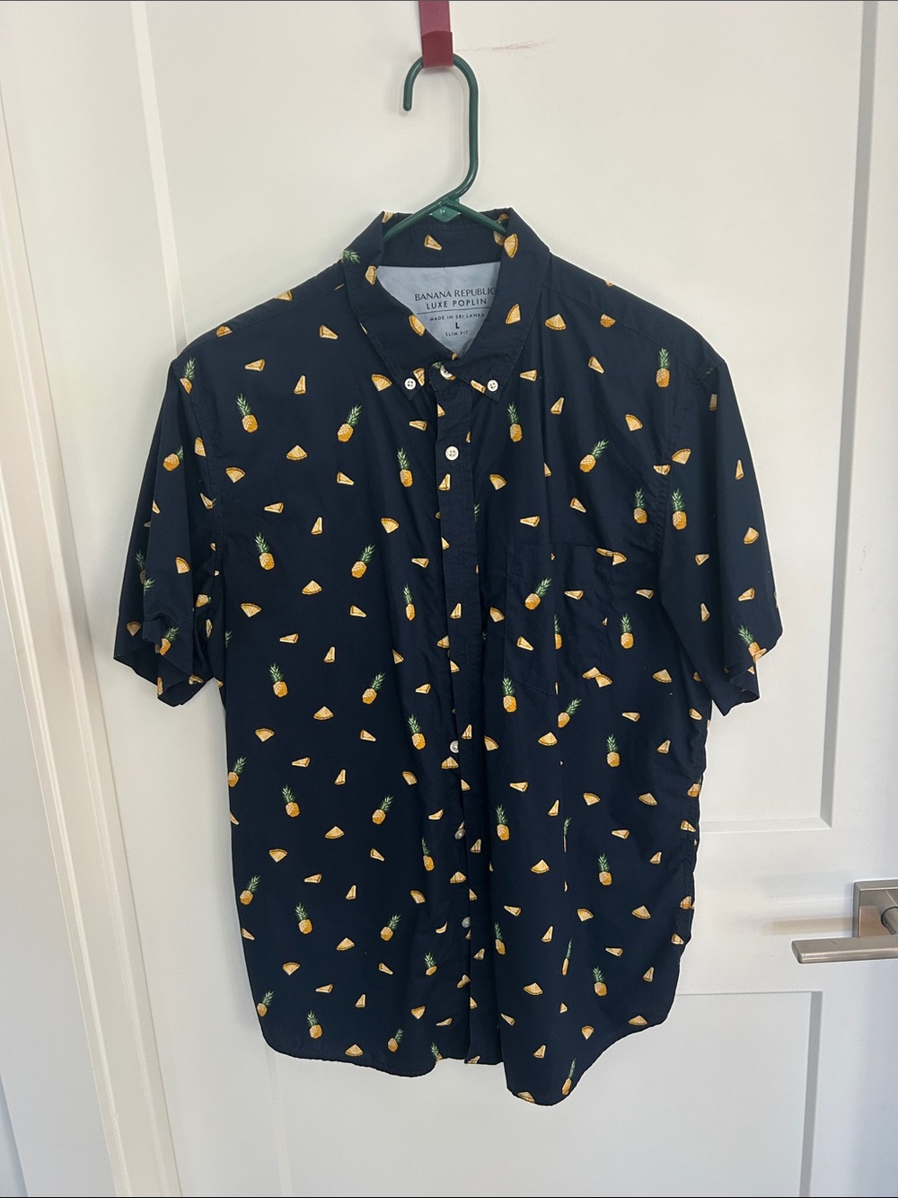 Banana Republic Navy Short-Sleeve Slim-Fit Button-Down with Pineapple Print